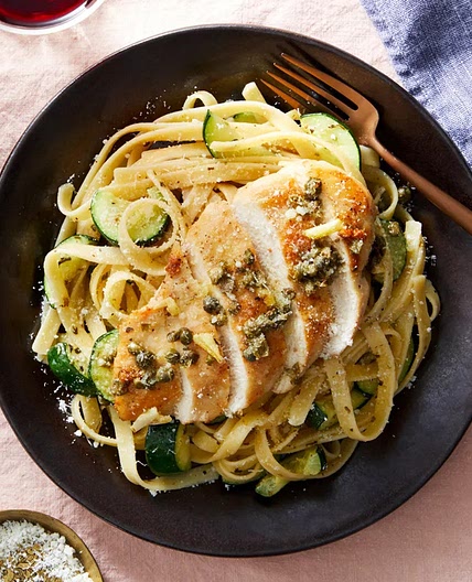 Garlic-Caper Chicken with Fettuccine & Zucchini