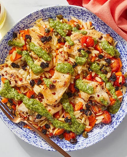 Creamy Pesto Chicken & Orzo with Capers & Currants