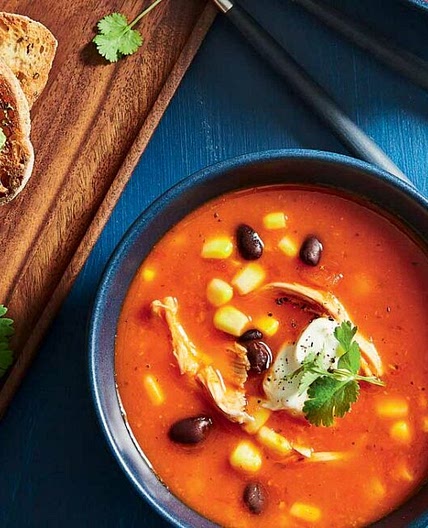 Tomato, chicken and black bean soup with avocado toast