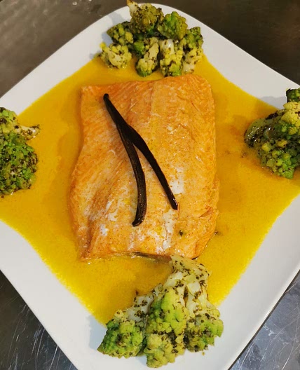 Fish with vanilla confit, mandarin butter, courgette spaghetti - my recipe work in progress