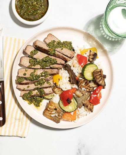 Steak with Chimichurri Sauce and Grilled Vegetables over White Rice