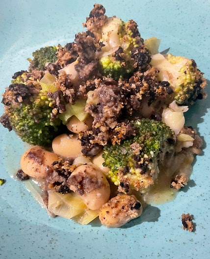 Broccoli and Butter Bean Bake with a Black Pudding Crumb