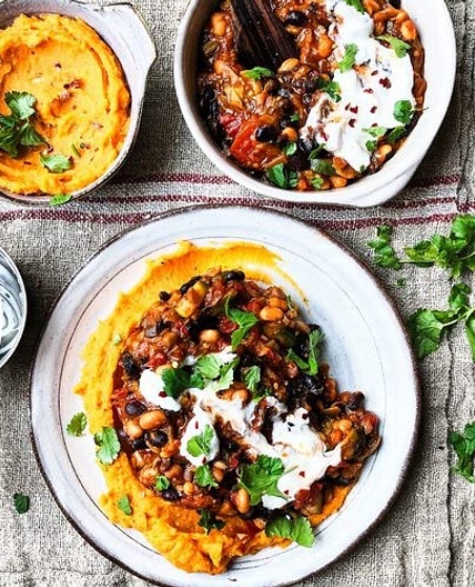 Easy Black Beans with ‘Cheesy’ Sweet Potato Mash