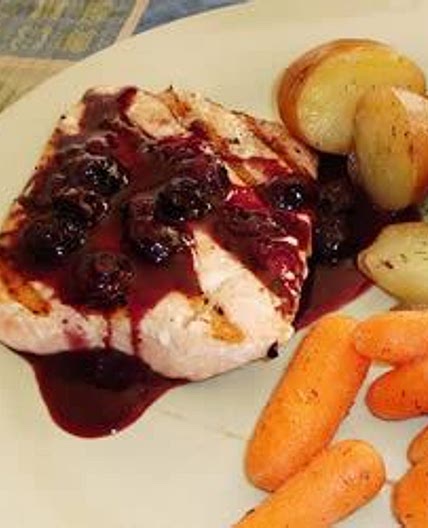 Grilled Salmon Steaks with Savory Blueberry Sauce