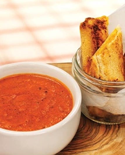 Grilled Cheese Dippers with Roasted Red Pepper and Tomato Soup