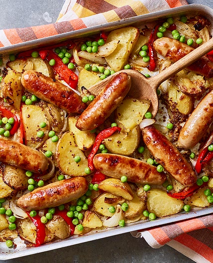 Sticky sausage and potato traybake