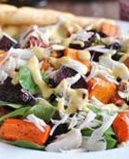 Roasted Vegetable and Crab Salad with Breadsticks