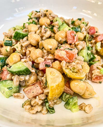 FARRO SALAD WITH BASIL TAHINI DRESSING