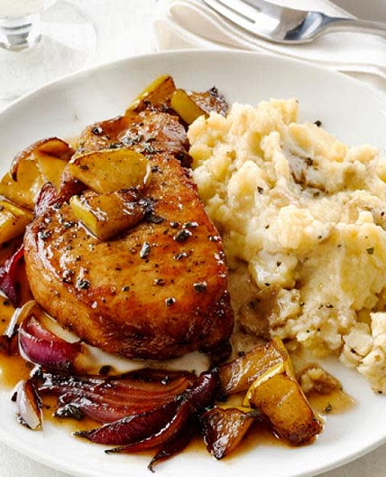 Pork Chops With Apples and Garlic Smashed Potatoes
