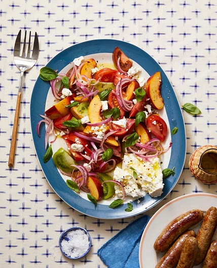 Tomato, Peach & Basil Salad with Italian Sausage