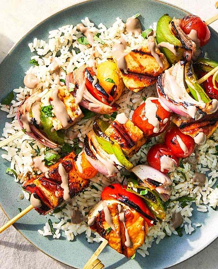 Halloumi-and-Vegetable Skewers with Pomegranate-Tahini Sauce
