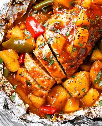 Pineapple BBQ Baked Chicken Foil Packets in Oven