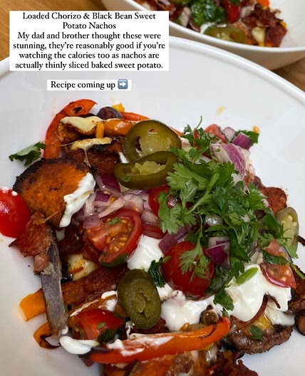 Loaded chorizo and black bean sweet potatoes nachos.