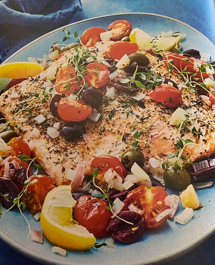 Foil Baked Salmon with cherry tomatoes & olives