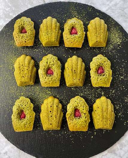 Matcha Madeleines with Raspberry and Pink Peppercorns