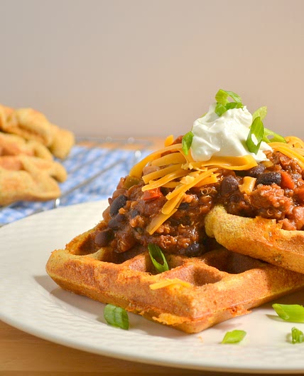 Whole Grain Savory Cheddar Cornmeal Waffles with Vegetarian Quinoa Chili