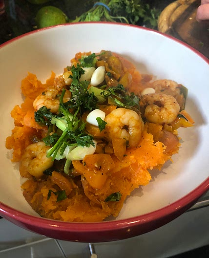 CAJUN-STYLE PRAWNS WITH LIME SWEET POTATO MASH