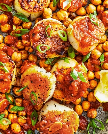 Crispy Chickpeas and Scallops with Garlic-Harissa Oil
