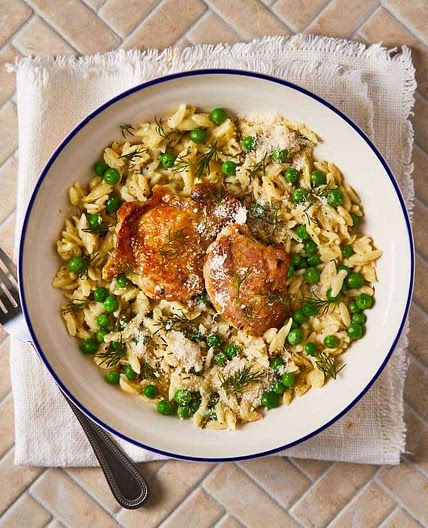 Creamy Baked Orzo & Peas With Crispy Chicken