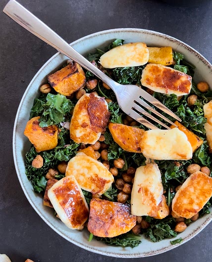 Hot Fall Salad w/ crispy chickpeas and bread cheese