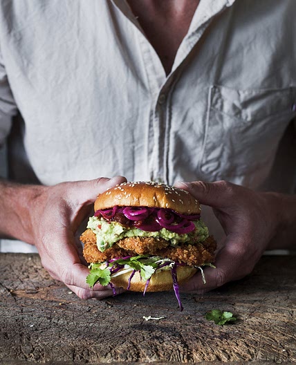 Crispy Pork Burgers with Guacamole and Pickled Red Onions