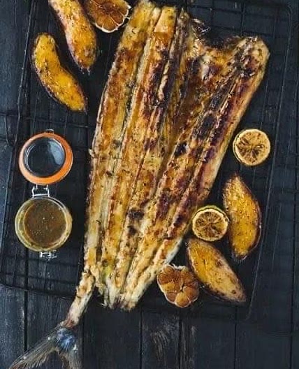BRAAIED WHOLE SNOEK WITH APRICOT BASTING