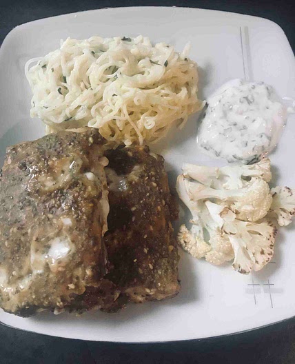 Soft fish & creamy garlic pasta
