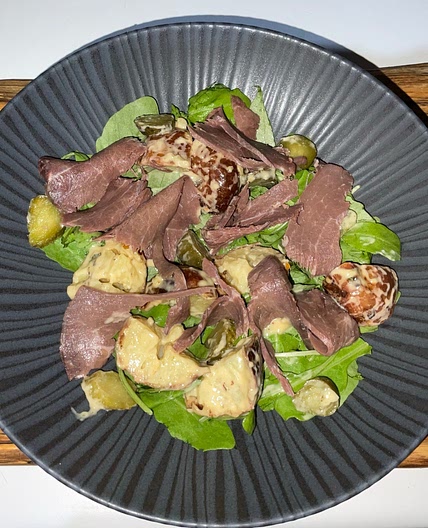 Warm Leftover Beef and Roast Potato Salad with Horseradish and Mustard