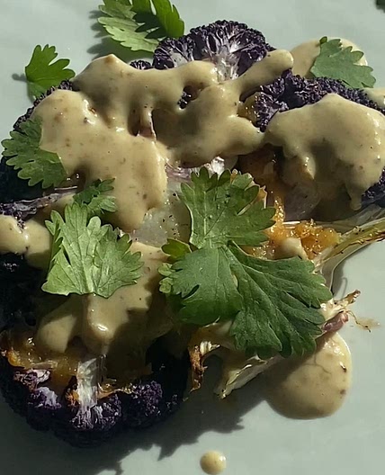 Roasted Garlic Cauliflower Steaks w/ Lemon Dijon Tahini