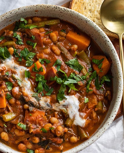 Sweet Potato and White Bean Stew with Harissa and Tahini (vegan)