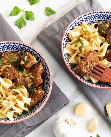Garlic Steak Tips with Egg Noodles