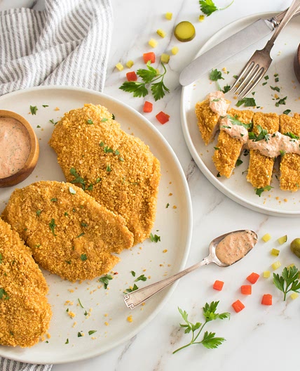 Cornflake Chicken Cutlets with Roasted Red Pepper Ranch