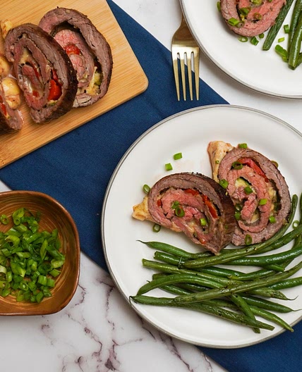 Gouda Cheese and Roasted Red Pepper Steak Roulade