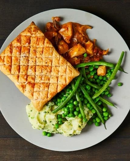 Chicken and Chorizo Pie with mash and greens
