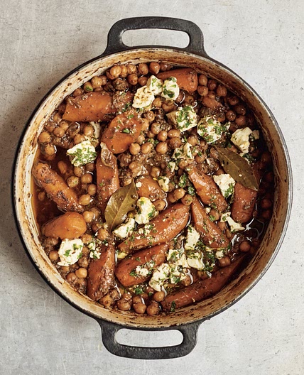 One-pot chickpeas with carrots, dates, and marinated feta