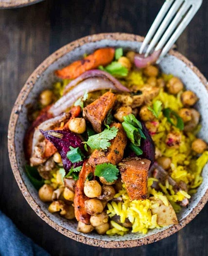 Turmeric Rice Bowl with Garam Masala Root Vegetables & Chickpeas