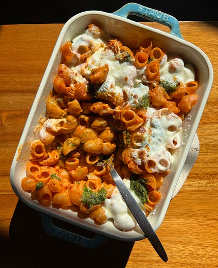 Baked Spicy Vodka Pasta with Parsley Pesto