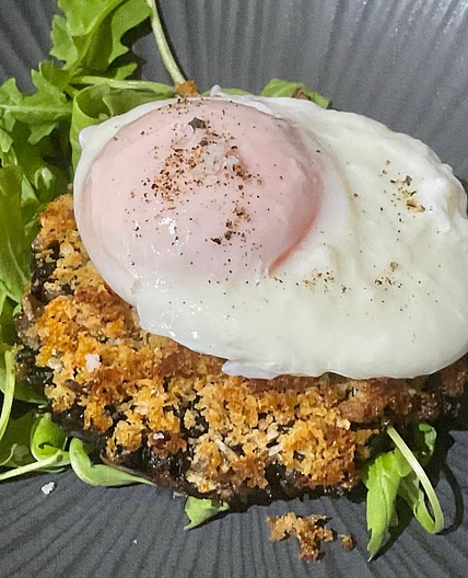 Mushrooms stuffed with Spinach topped with Parmesan Breadcrumb’s and a Poached Egg
