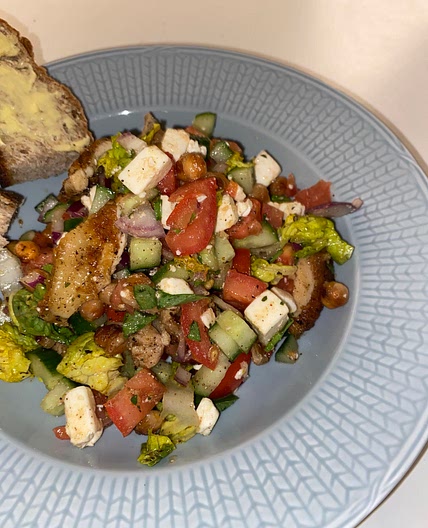 Greek inspired feta, chicken and tomato salad