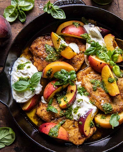 Pesto Peach Chicken in White Wine with Burrata