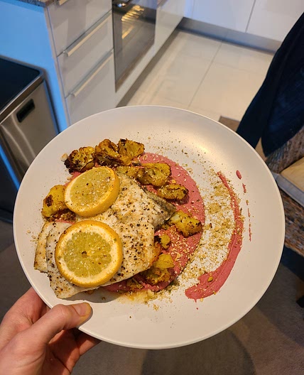 Barramundi with beetroot hummus, cauliflower and dukkah