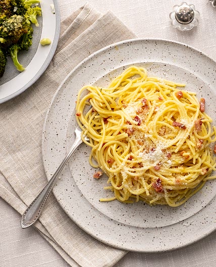 Spaghetti Carbonara with Roasted Caesar Broccoli