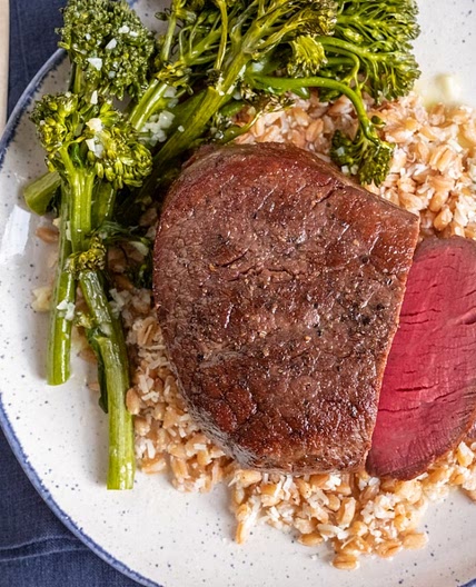 Seared Steak with Farro and Garlicky Broccoli Rabe