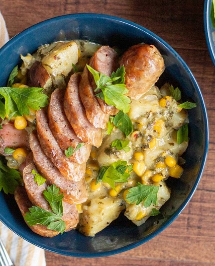 Sausage, Corn, Spinach, Potato Bake