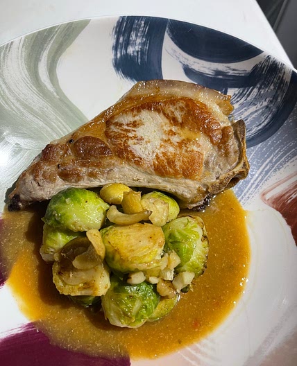 Pork Chops, Sauteed Brussels Sprouts and Chestnuts with a Cider and Mustard Sauce