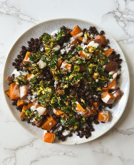 Warm lentil salad with pistachio salsa