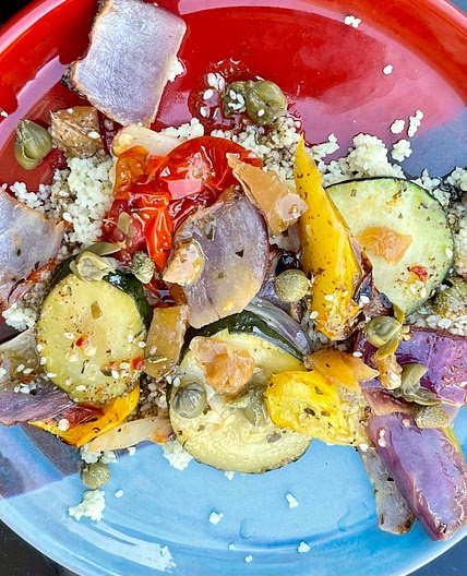 Roasted Vegetables on Couscous with a Zaatar Dressing