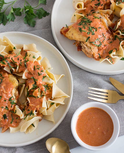 Chicken Paprikash with Buttered Egg Noodles