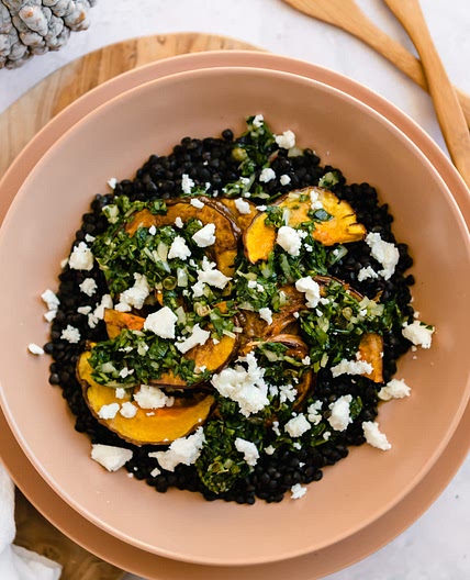 Roasted Black Futsu Squash with Salsa Verde and Lentils