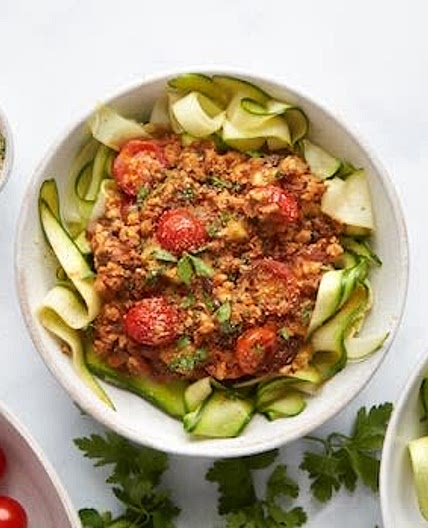 Pea & Fava Bean Bolognese with Courgette Ribbons